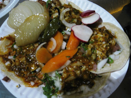 tripes, carne asada, and lengua tacos